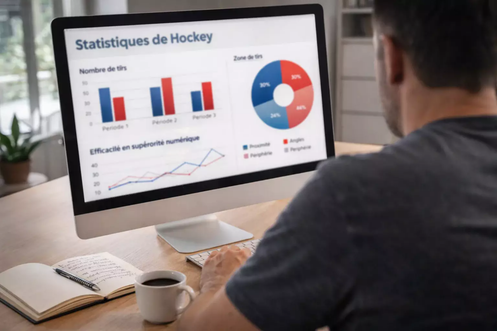 Personne analysant des statistiques de hockey sur un écran d'ordinateur