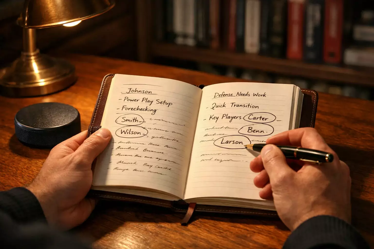 Analyste étudiant des statistiques de hockey NHL sur un carnet