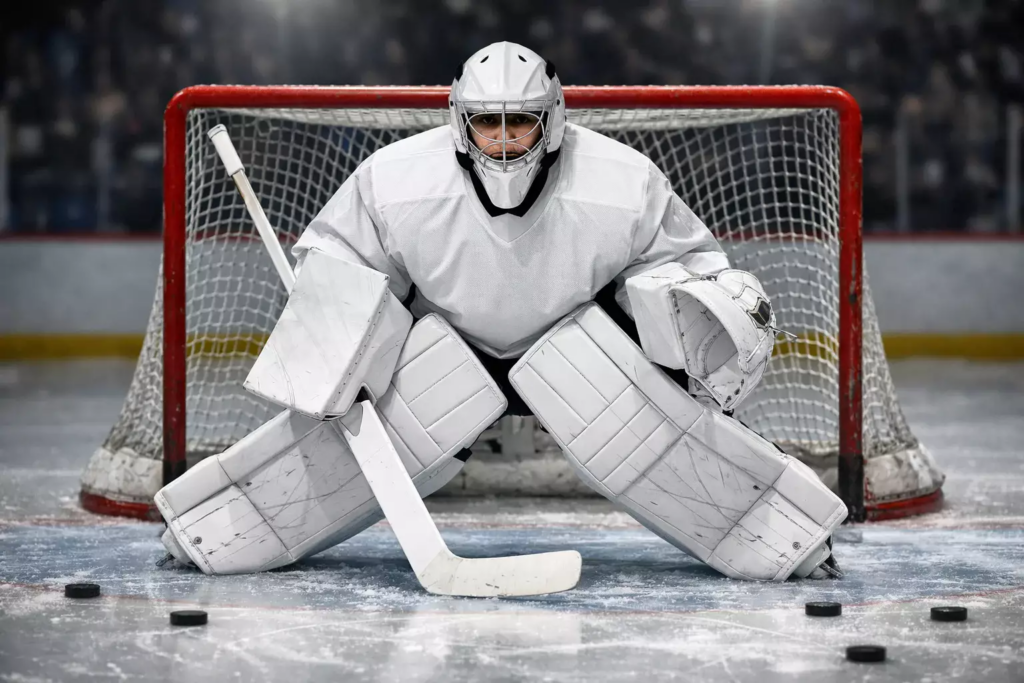 Gardien de hockey NHL en position de défense devant les filets