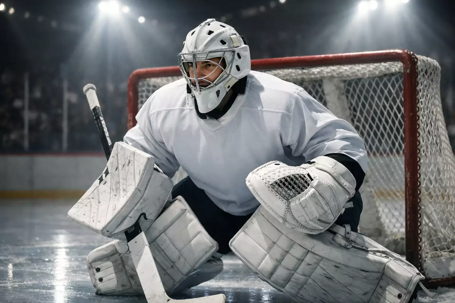 Gardien de hockey NHL en position devant son filet sous les projecteurs