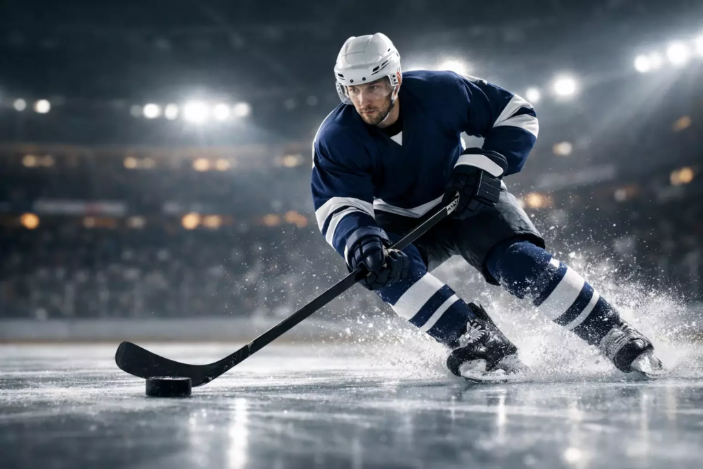 Joueur de hockey NHL en action sur la patinoire avec éclairage dramatique