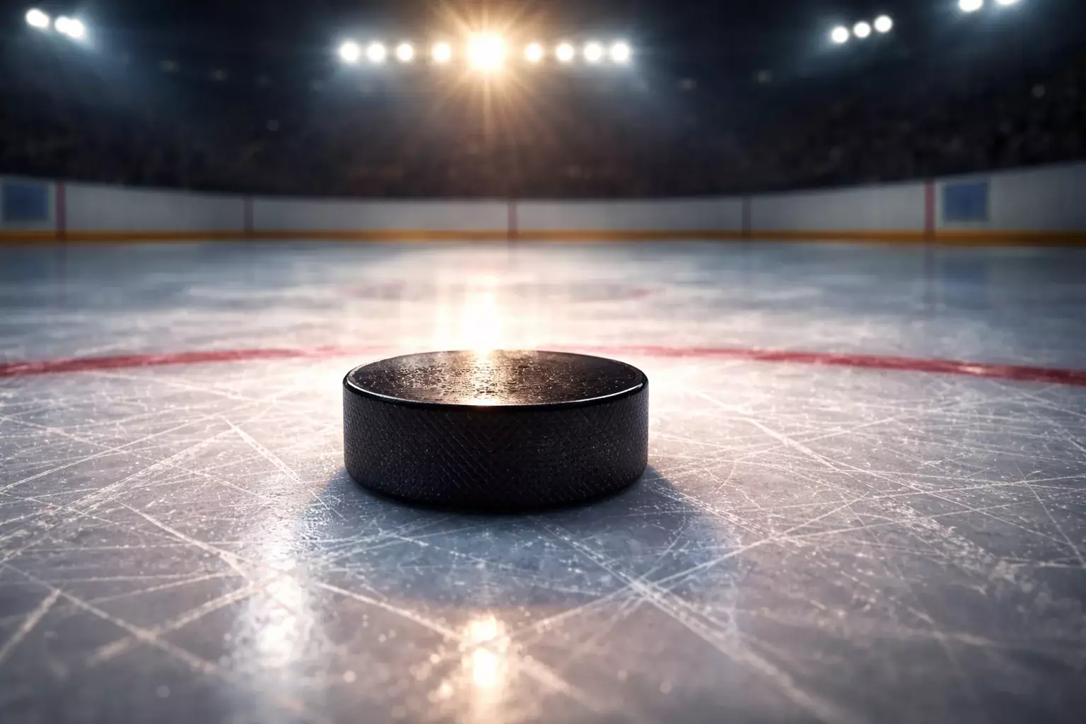 Palet de hockey sur glace avec lumière dramatique sur patinoire NHL
