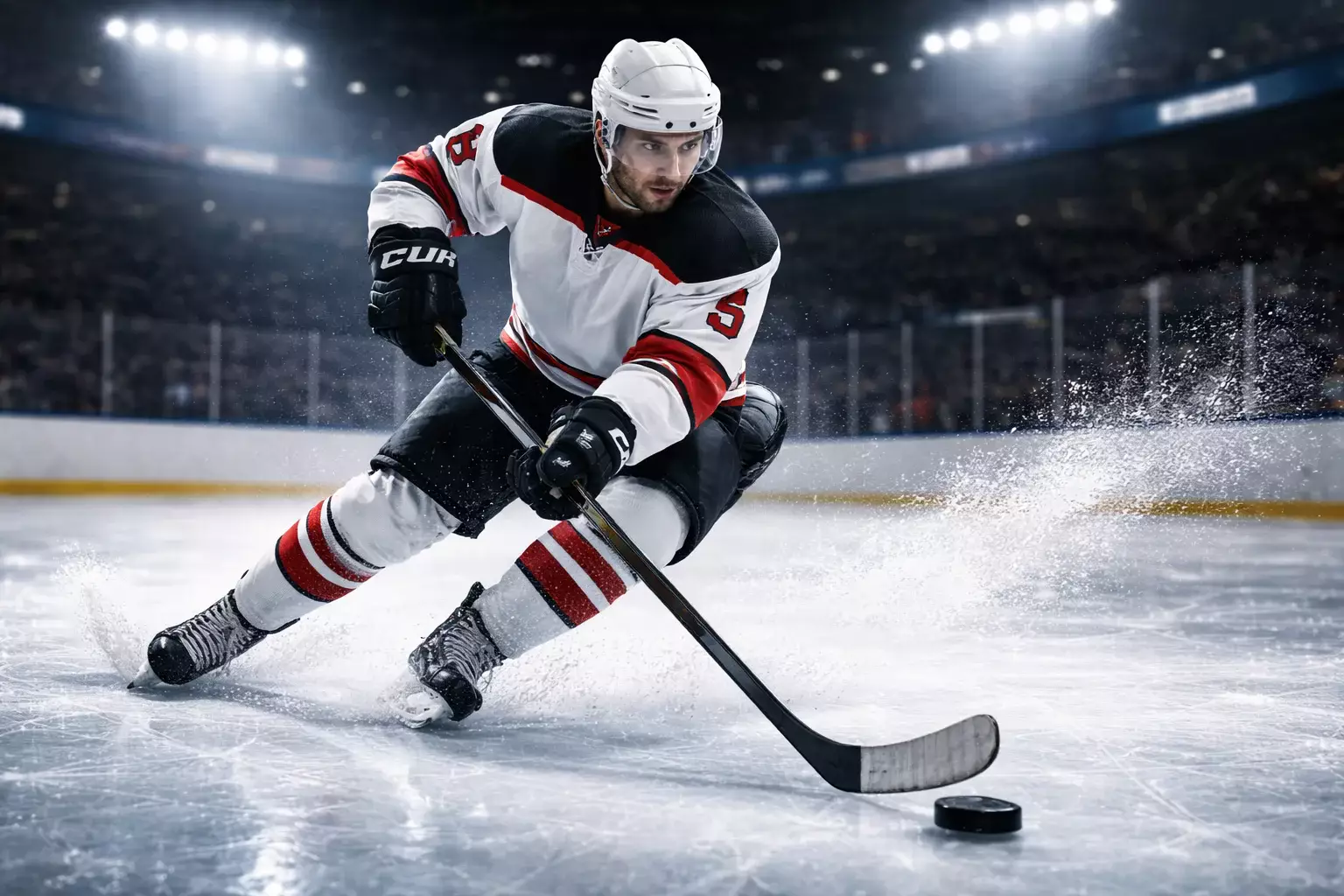 Joueur de hockey NHL sur la glace lors d'un match professionnel