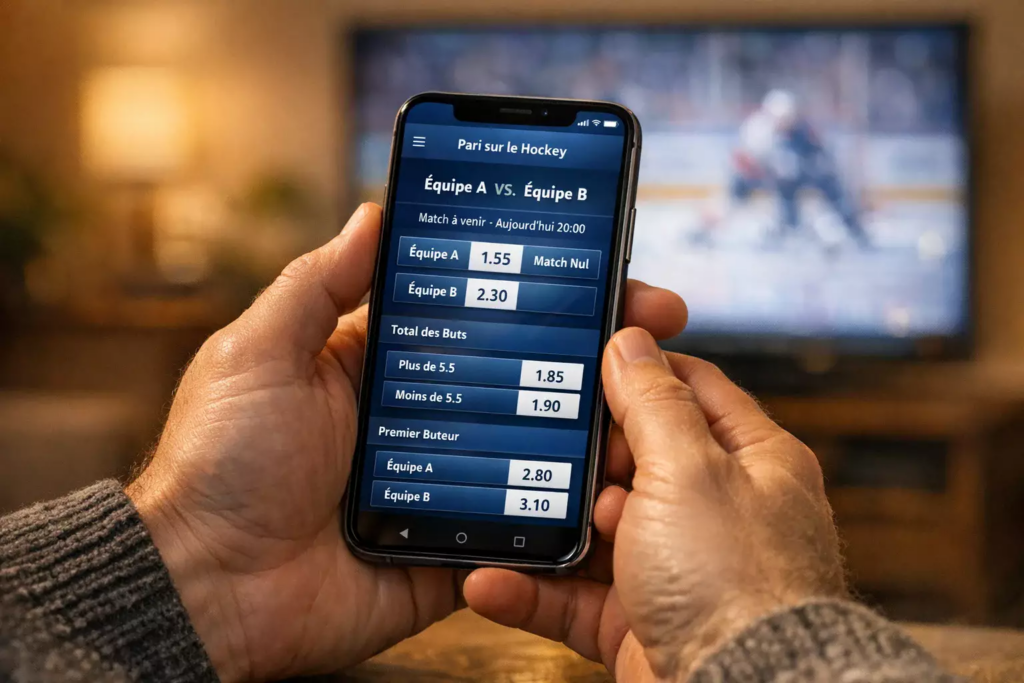 Personne utilisant un smartphone pour consulter des paris sportifs hockey