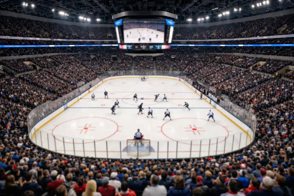 Vue panoramique d'une patinoire NHL remplie de spectateurs lors d'un match